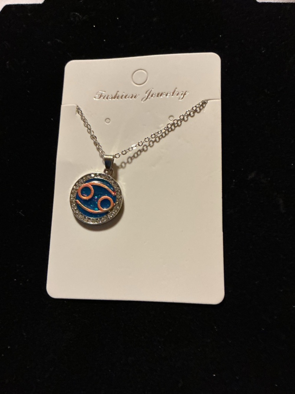 Cancer Zodiac Necklace Blue Round Pendant Rhinestone Accen - Picture 2 of 4
